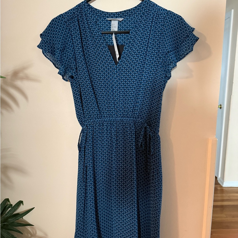 H&M Blue and White Ruffled Wrap Midi Dress